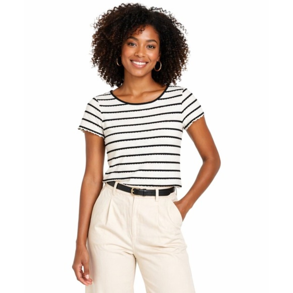 Loft Ann Taylor Striped‎ Scalloped Short Sleeve Linen Blend Tee Cream XS 56-35